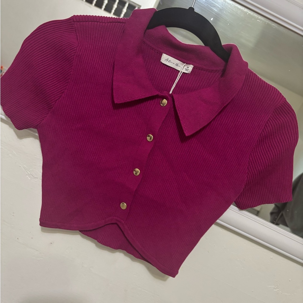 Active USA Fuchsia Ribbed Button-Up Top - Picture 1 of 3